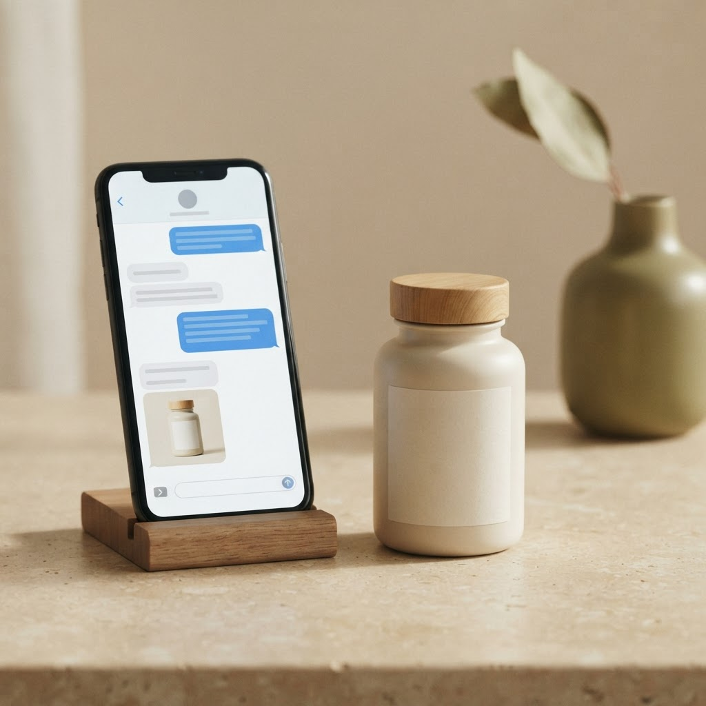 A phone showing an AI shopping-assistant conversation next to a minimalist supplement bottle