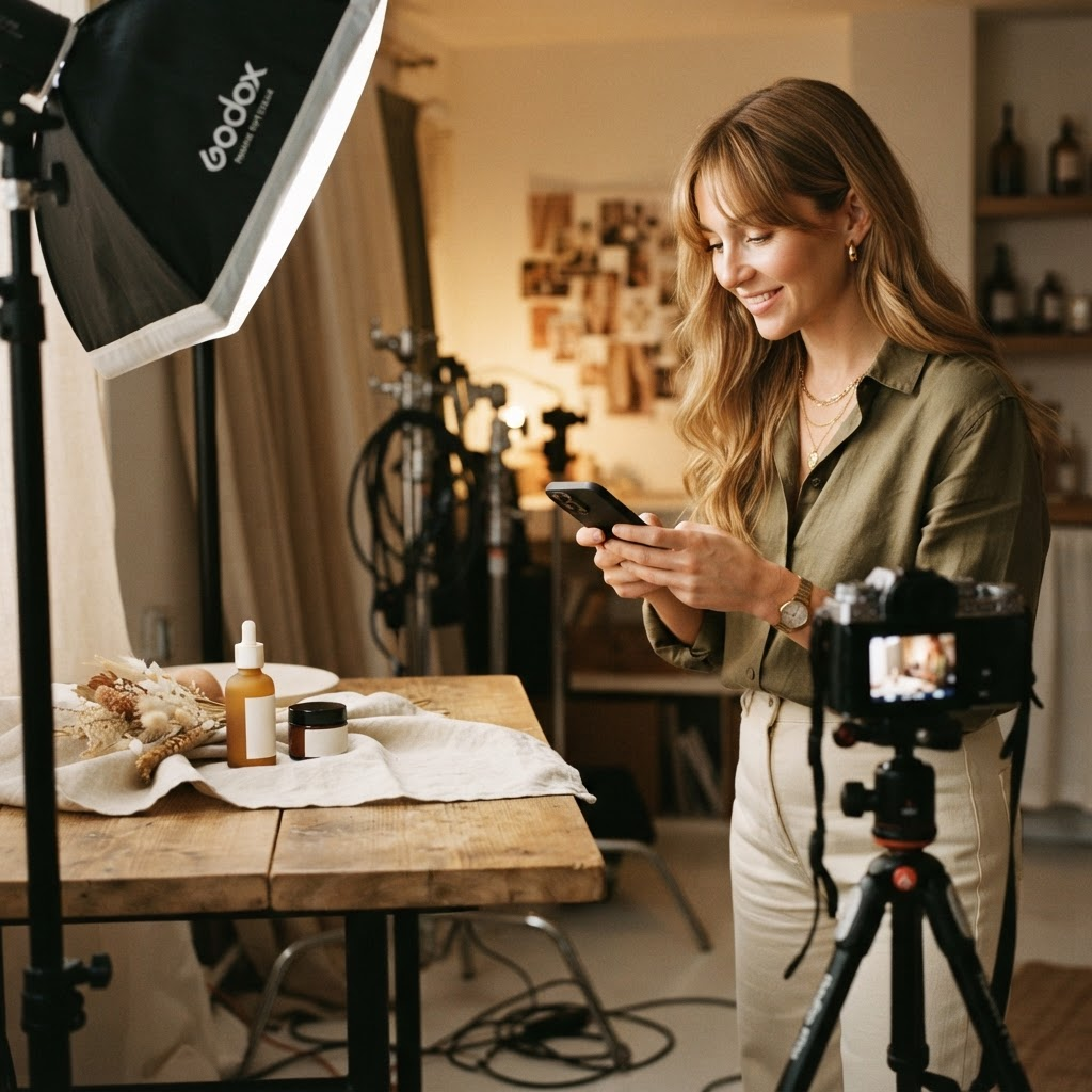 Jessa Black art-directing a product video shoot with a softbox light and a wellness product on set