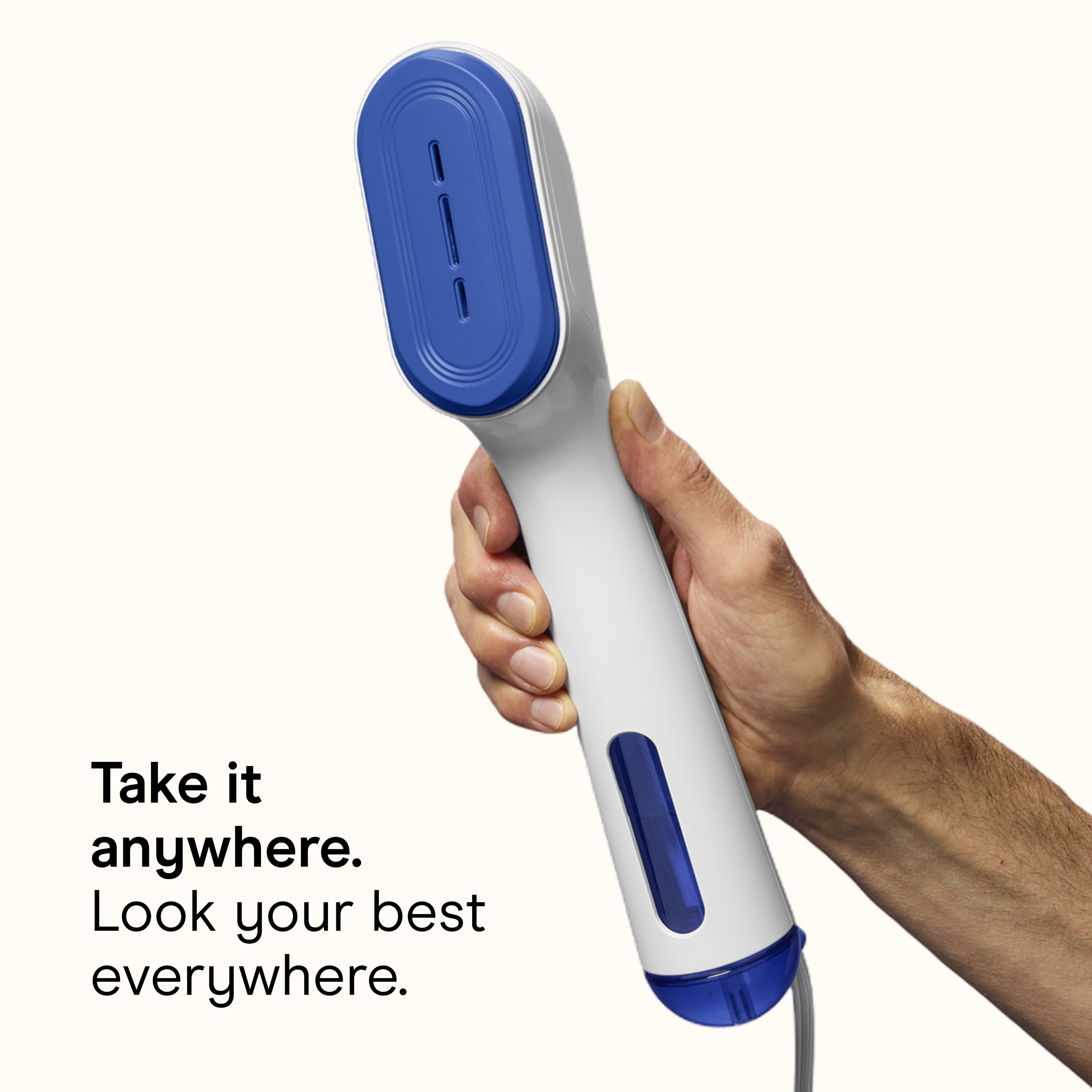 Conair GS47 handheld steamer in blue, 'Take it anywhere' hero