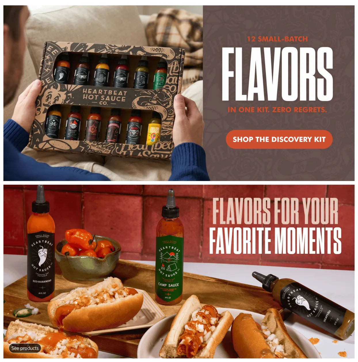 Heartbeat '12 Small-Batch Flavors in One Kit' Discovery Kit bundle module with a hand holding the boxed set