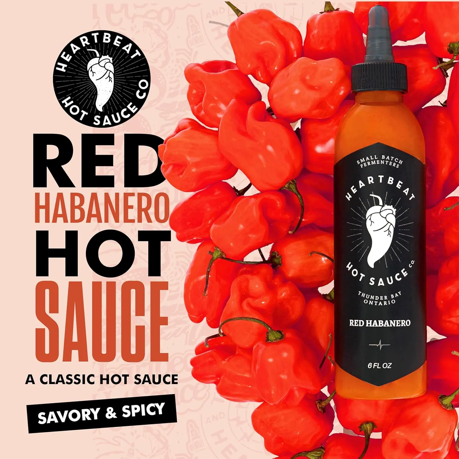 Heartbeat 'Red Habanero Hot Sauce' image-stack hero with a wall of red habaneros and a 'Savory & Spicy' callout