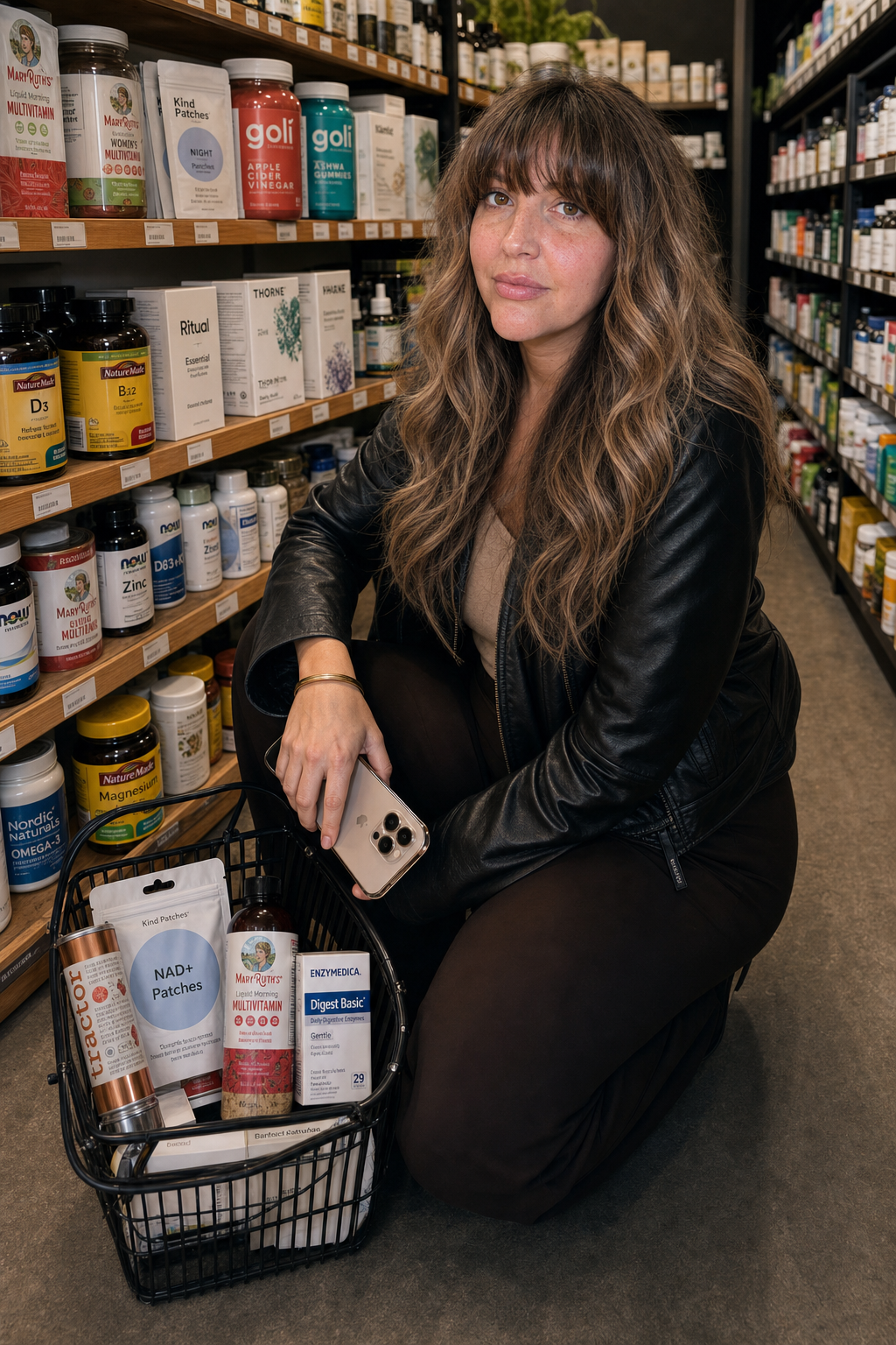 Jessa Black kneeling with a shopping basket of partner products in a supplement aisle