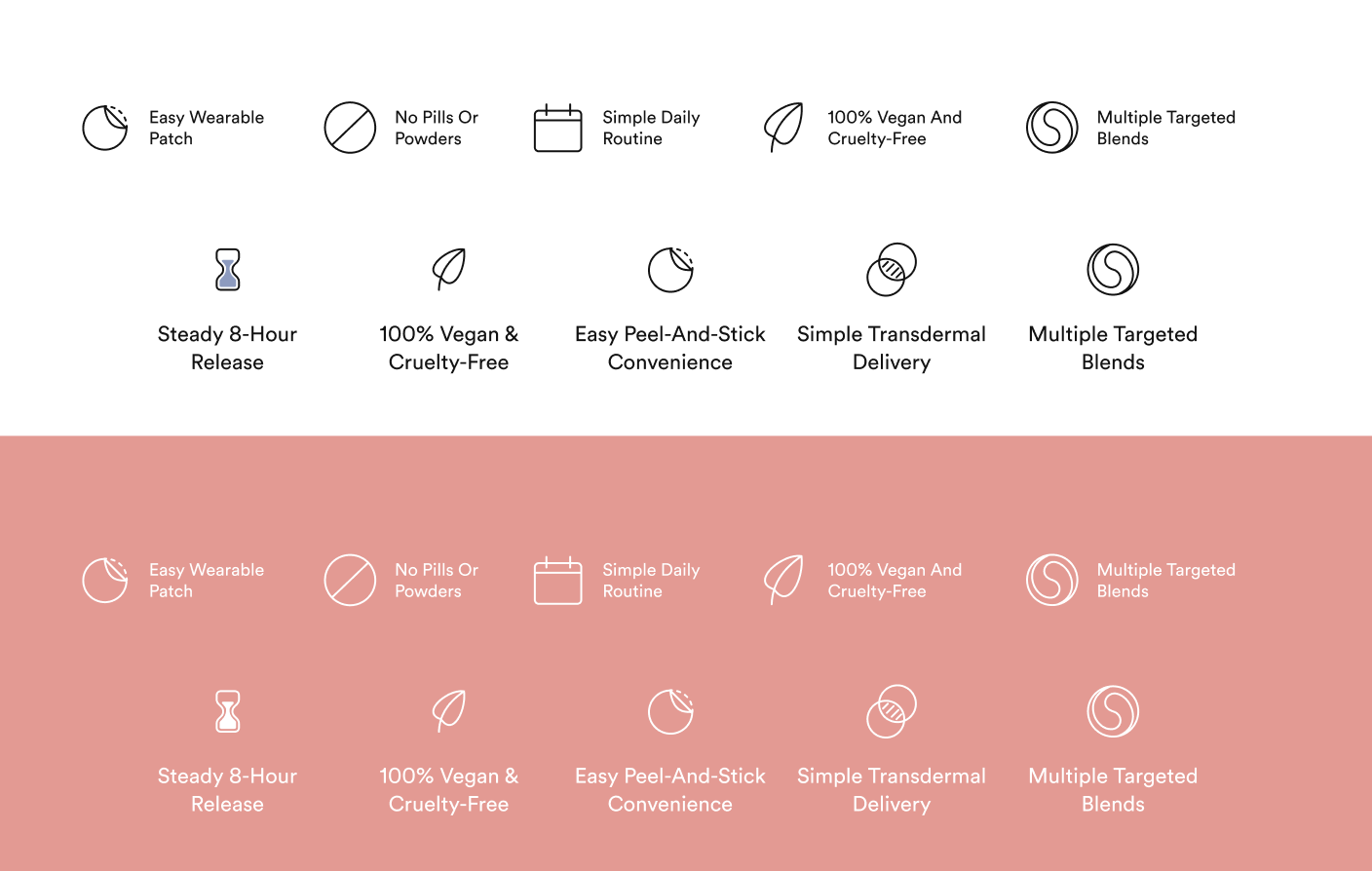 Kind Patches benefit icon set in light and coral treatments
