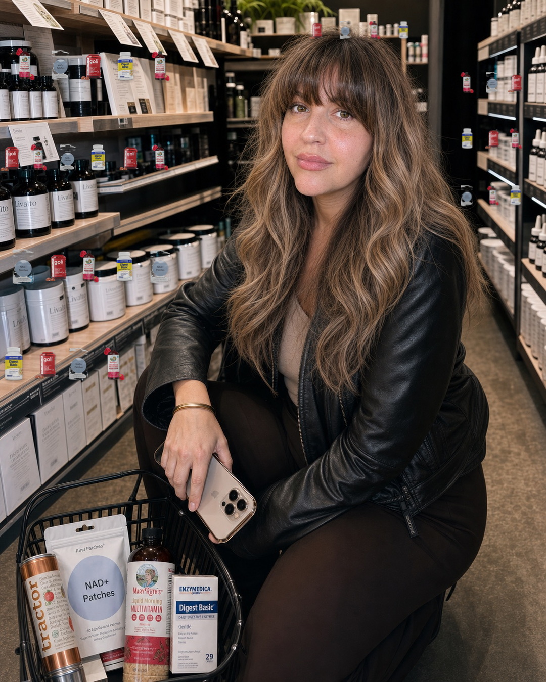 Jessa Black crouching with a shopping basket of partner products in a supplement aisle